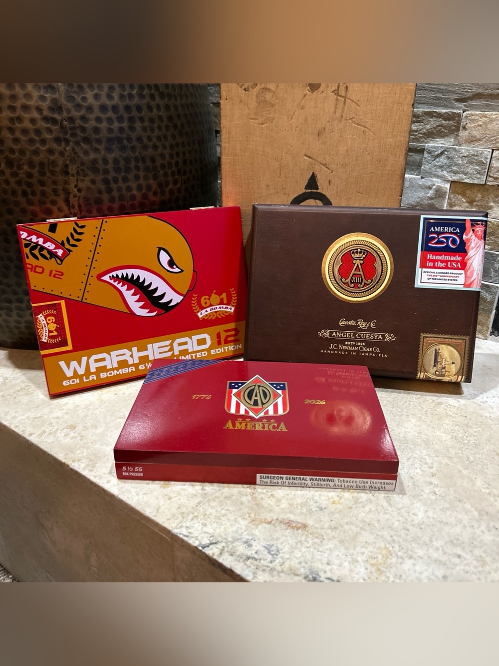Set of 3 America 250th Empty Cigar Boxes- CAO, Angel Cuesta, Espinosa Warhead
